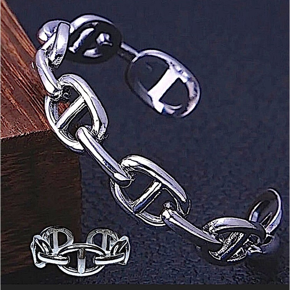 Sterling Silver Mariner Pig Nose Coffee Bean Bangle Cuff Bracelet Matching Ring